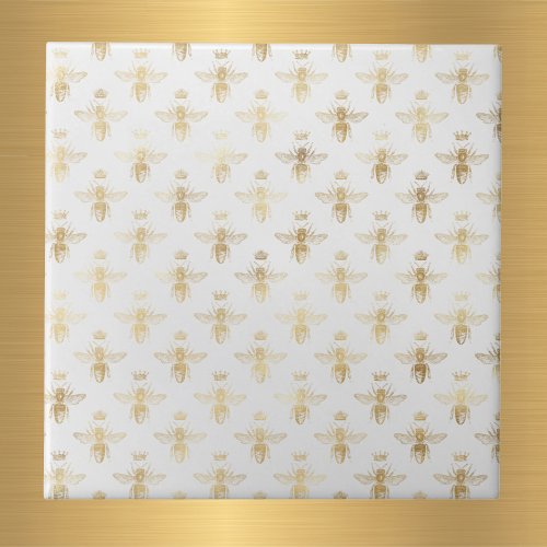 Glam White Gold Bees Crown Ceramic Tile