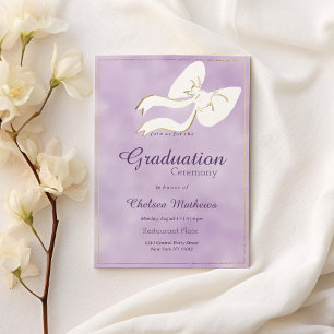 Glam white gold bow lavender watercolor Graduation Invitation