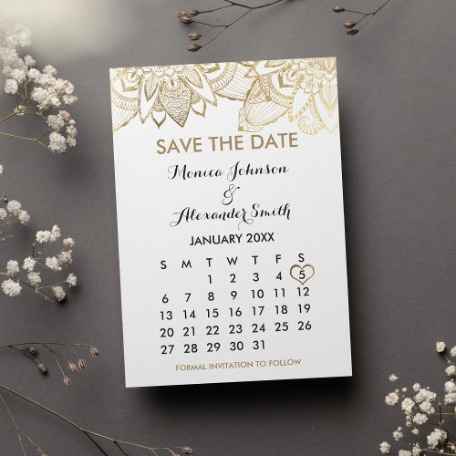 Glam White Gold Floral Mandala Calendar Wedding Save The Date