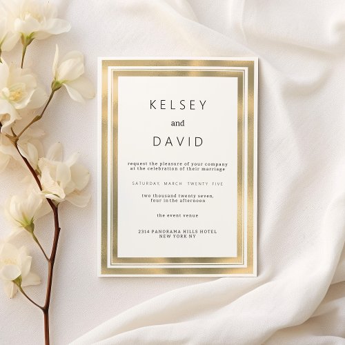 Glam white gold geometric frame elegant wedding  invitation