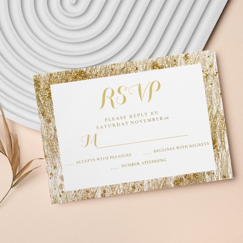 Glam white gold glitter borders elegant wedding RSVP card