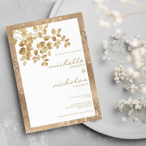 Glam white gold glitter floral frame wedding invitation