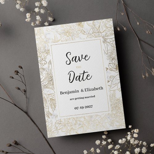 Glam white gold gray marble floral Save the Date  Invitation