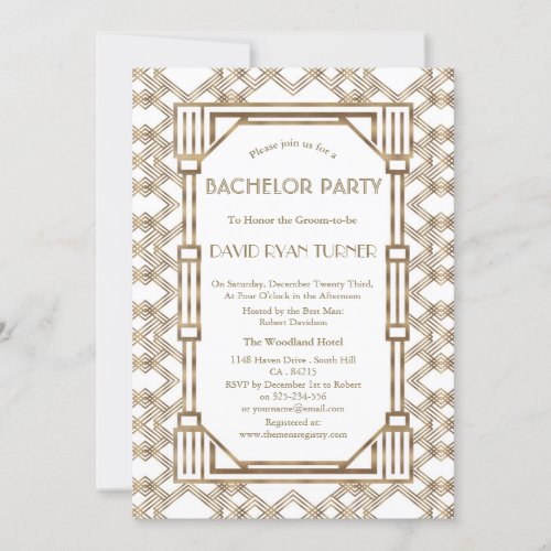 Glam White Gold Great Gatsby 20s Bachelor Party Invitation