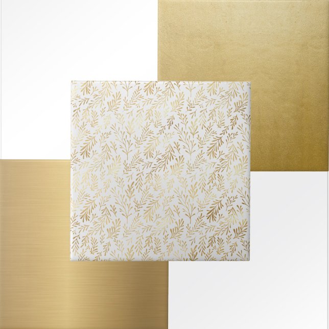 Glam White Gold Leaves Ceramic Tile (Creator Uploaded)