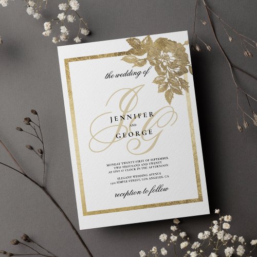 Glam white gold monogram initials floral wedding invitation