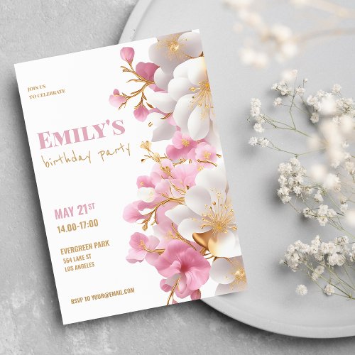 Glam white gold pink elegant floral birthday invitation