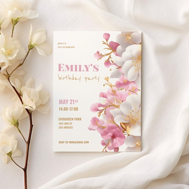 Glam white gold pink elegant floral birthday invitation (Glam white gold pink elegant floral birthday)