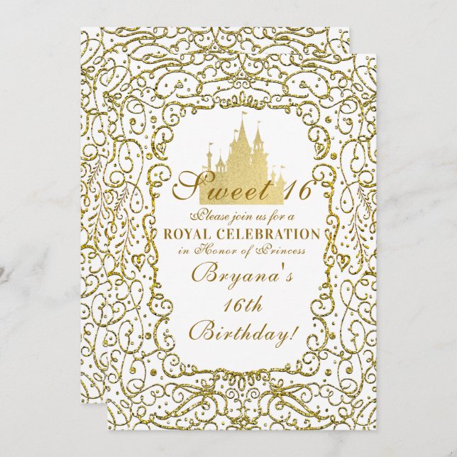 Glam White & Gold Royal Castle Princess Sweet 16 Invitation (Front/Back)