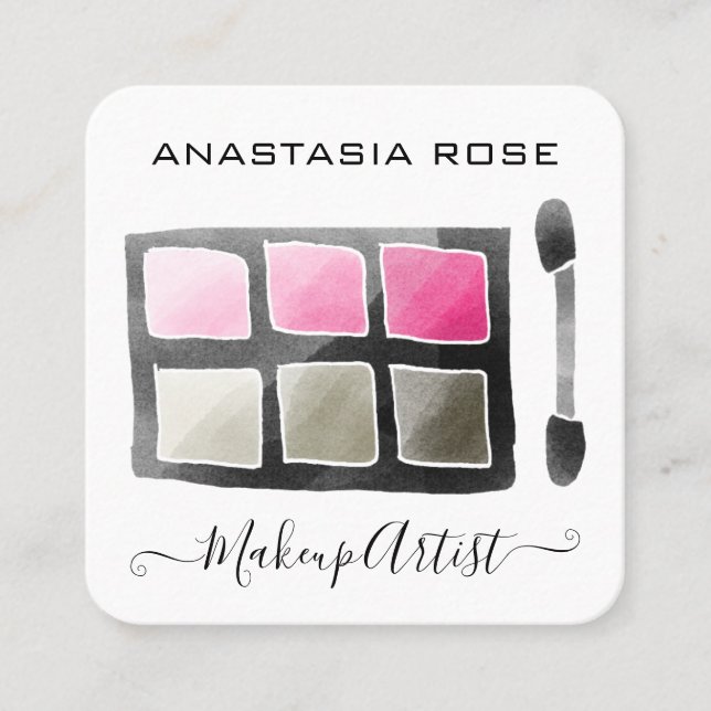 Glam White & Pink Eyeshadow Palette Makeup Artist Square Business Card (Front)