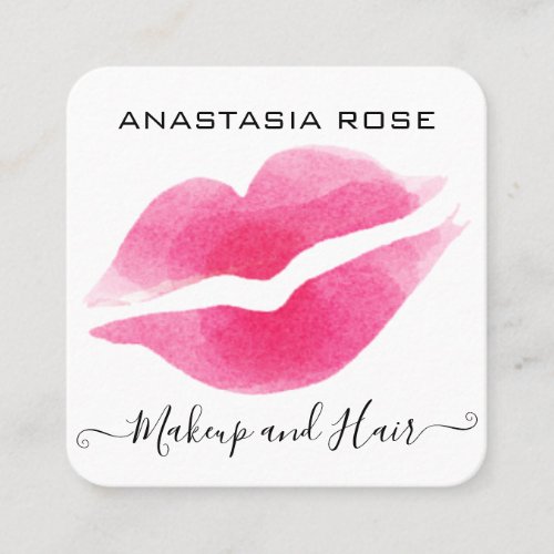 Glam White  Pink Lips Kiss Lipstick Makeup Artist Square Business Card