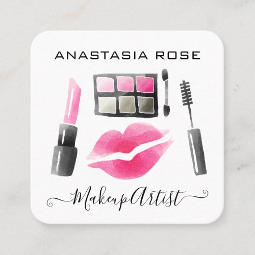 Glam White  Pink Lipstick Eyeshadow Makeup Artist Square Business Card