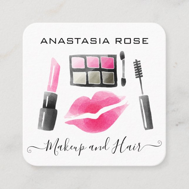 Glam White & Pink Lipstick Eyeshadow Makeup Artist Square Business Card (Front)