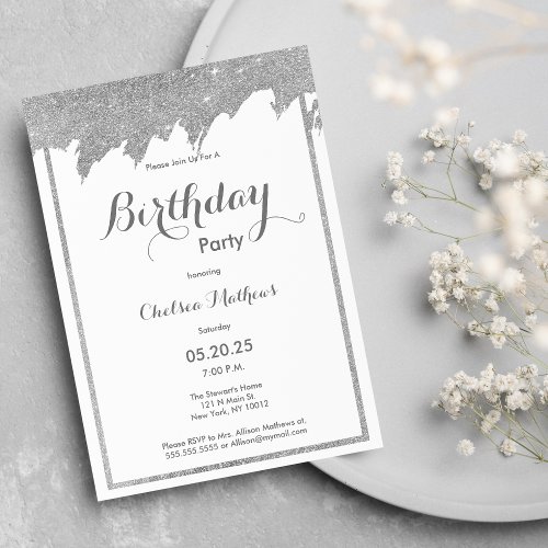 Glam white silver glitter brushstrokes Birthday Invitation