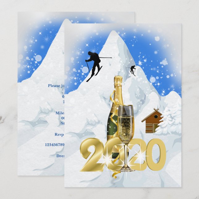 Glam winter snow skiing alps chalet champagne invitation (Front/Back)