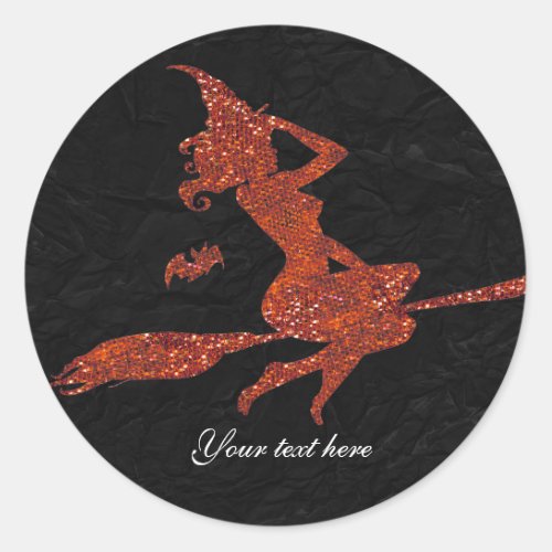 Glam Witch Flying on Broom Halloween Party Favor Classic Round Sticker