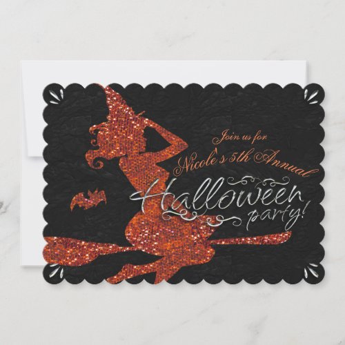 Glam Witch Flying on Broom Halloween Party Invitation