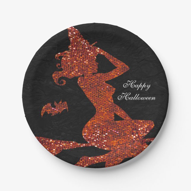 Glam Witch Flying on Broom Halloween Party Paper Plates (Front)