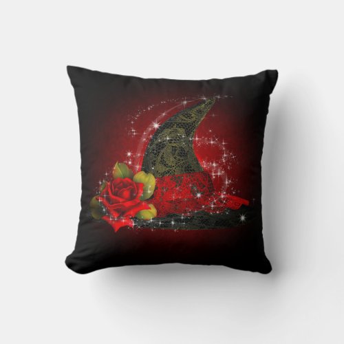 Glam Witch Hat Lacy Black Red Sparkle Elegant Throw Pillow
