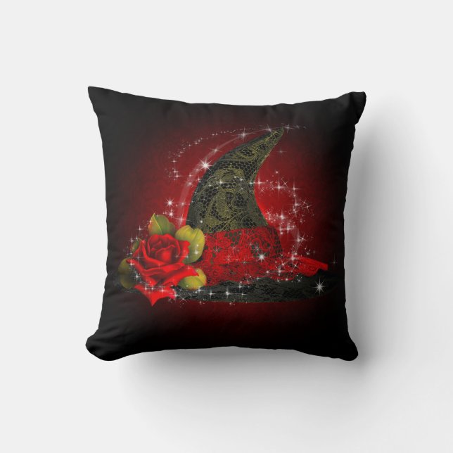 Glam Witch Hat Lacy Black Red Sparkle Elegant Throw Pillow (Front)