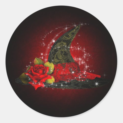 Glam Witch Hat Lacy Black Red Sparkle Party Favor Classic Round Sticker