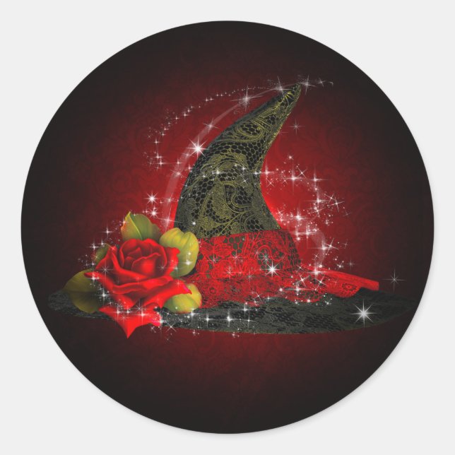 Glam Witch Hat Lacy Black Red Sparkle Party Favor Classic Round Sticker (Front)
