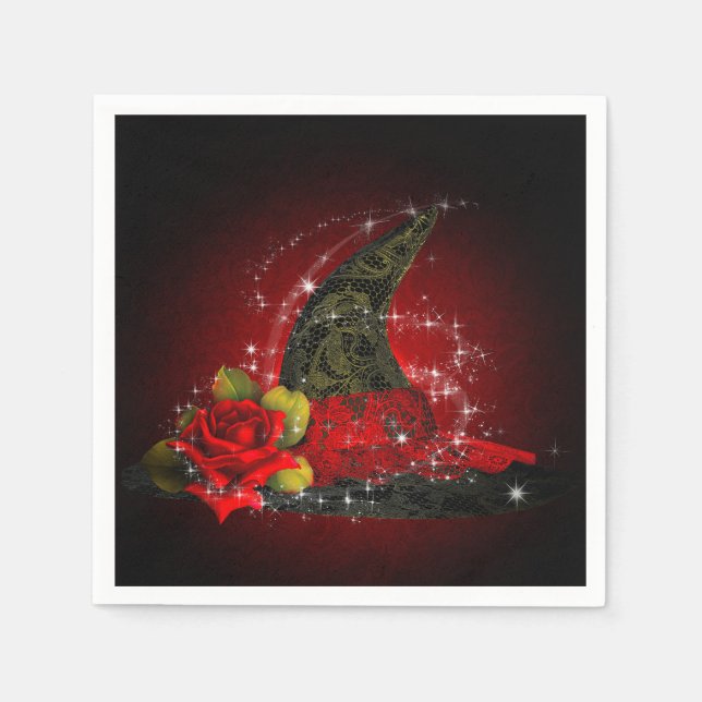 Glam Witch Hat Lacy Black & Red Sparkle Party Napkins (Front)