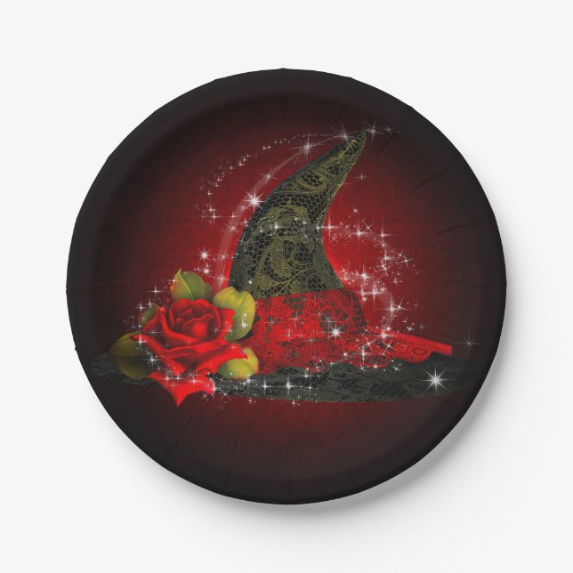 Glam Witch Hat Lacy Black & Red Sparkle Party Paper Plates (Front)
