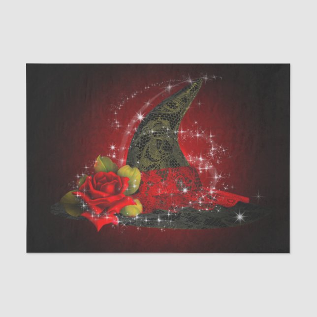 Glam Witch Hat Lacy Black & Red Sparkle Party Tissue Paper (Front)