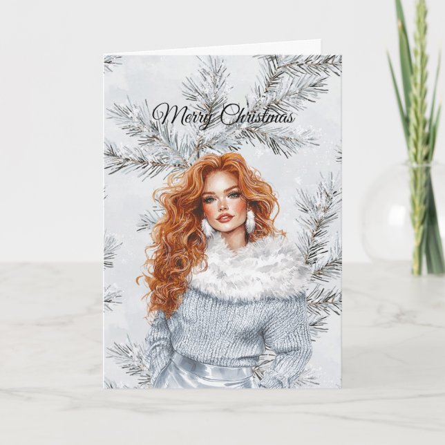 Glam Woman Red Hair Silver Christmas Tree Branches Card (Front)
