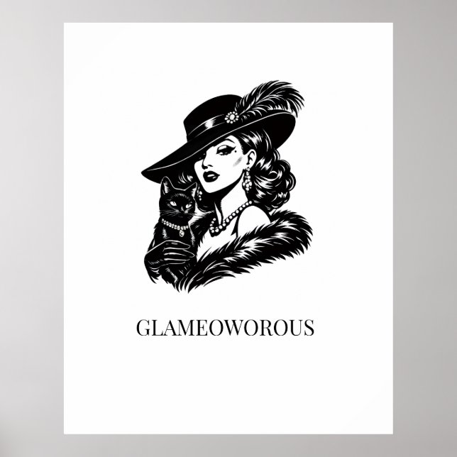 Glam Woman with Cat Fashion Illustration Poster (Front)