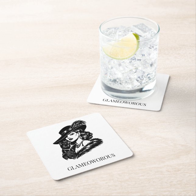 Glam Woman with Cat Fashion Illustration Square Paper Coaster (Insitu)