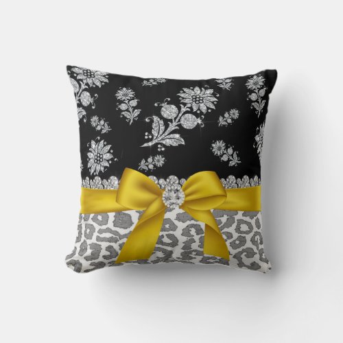 Glam Yellow Bow_Grey Leopard_Silver Floral Sparkle Throw Pillow