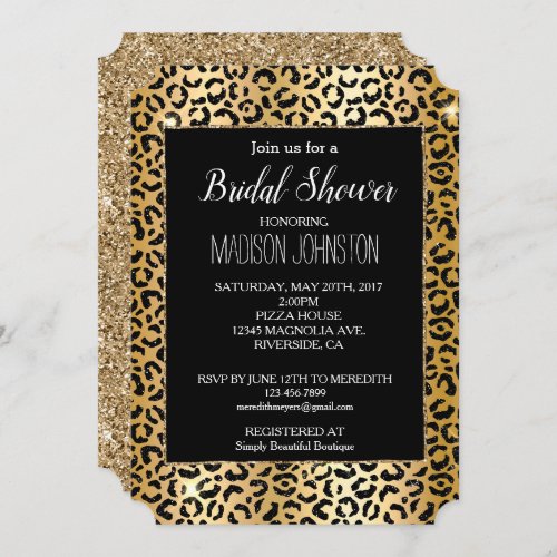 Glam Yellow Gold Black Glitter Leopard Invitation