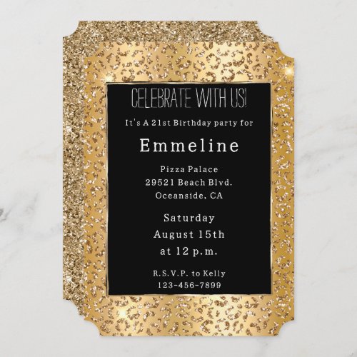 Glam Yellow Gold Glitter Leopard Invitation