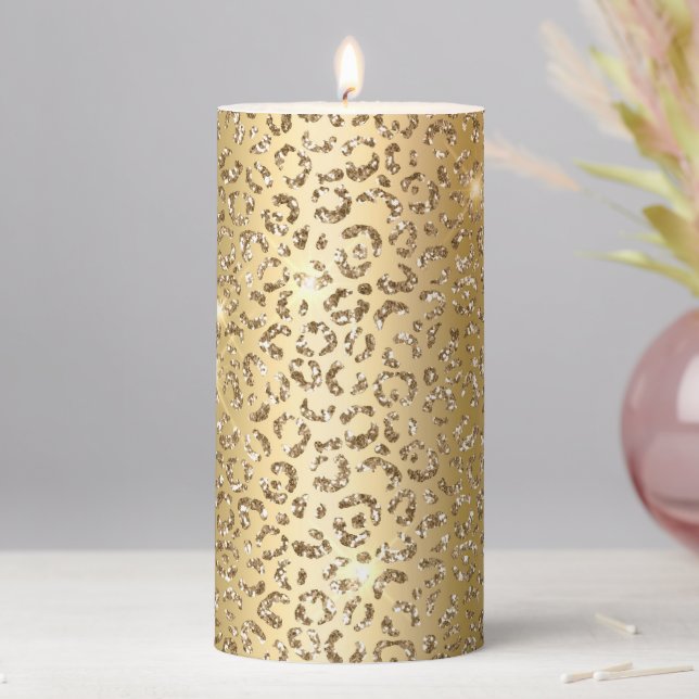 Glam Yellow Gold Glitter Leopard Pillar Candle (In Situ)
