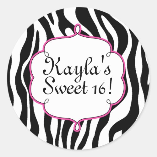 Glam Zebra Print and Pink Sweet 16 Party Sticker