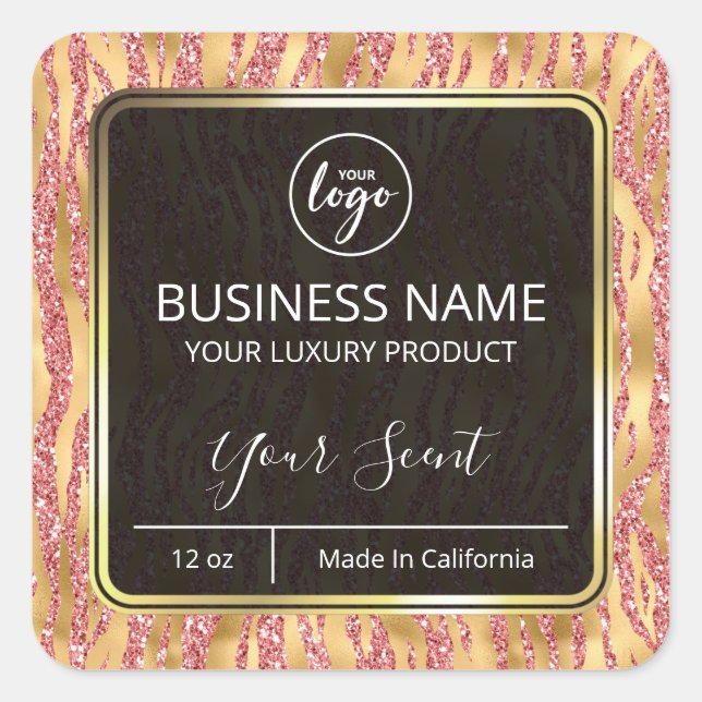 Glam Zebra Print Gold Pink Glitter Candle Labels (Front)