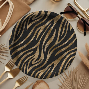 Glam Zebra Stripes Pattern Black Gold ID1151 Paper Plates