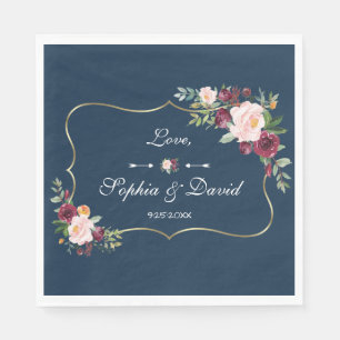 GlamGold Burgundy Blush Floral Navy Blue Wedding Napkins