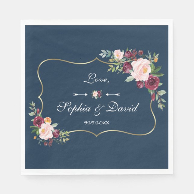 GlamGold Burgundy Blush Floral Navy Blue Wedding Napkins (Front)
