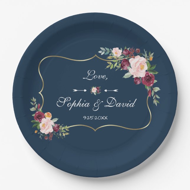 GlamGold Burgundy Blush Floral Navy Blue Wedding Paper Plates (Front)