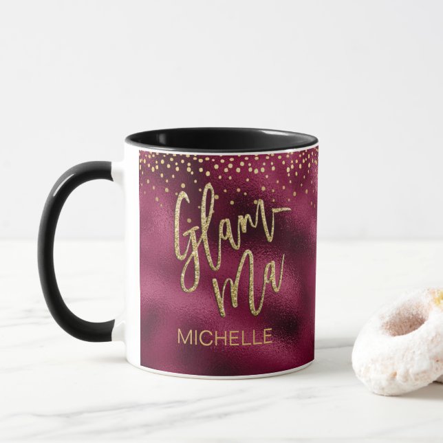 Glamma Glamorous Grandma Burgundy Foil Gold Name Mug (With Donut)