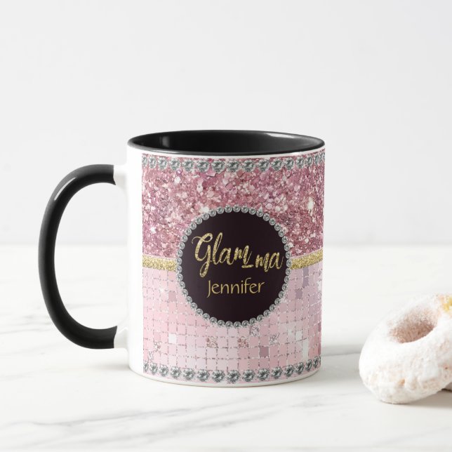Glamma Glamorous Grandma Pink Glitter Gold Name Mug (With Donut)