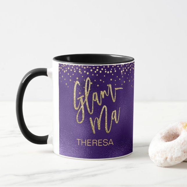 Glamma Glamorous Grandma Purple Foil Gold Dot Name Mug (With Donut)