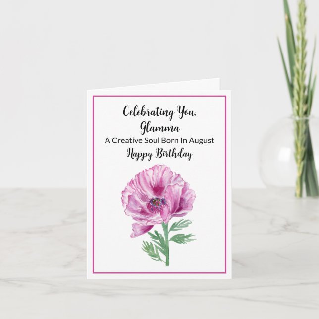 Glamma Happy August Birthday Purple Poppy  Card (Front)