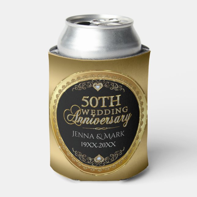 Glamor 50th Wedding Anniversary Black & Gold Can Cooler (Can Front)