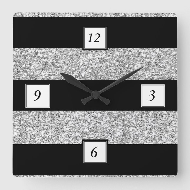Glamor Black Stripes with Silver Glitter Printed Square Wall Clock (Front)