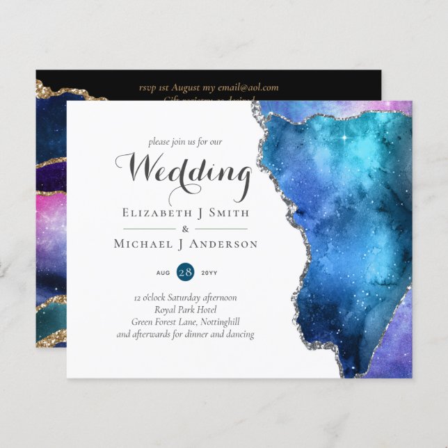 Glamor Blue Gold Agate Wedding Invite CHEAP (Front/Back)