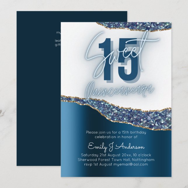 Glamor Blue Silver Foil Glitter Quinceanera 15th Invitation (Front/Back)
